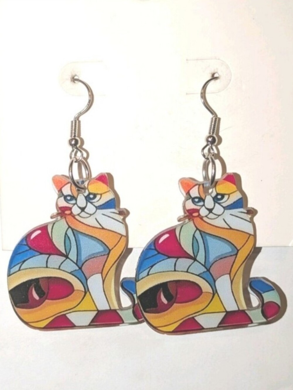 Colorful Stained Glass Cat Earrings - Multicolor Cat Design